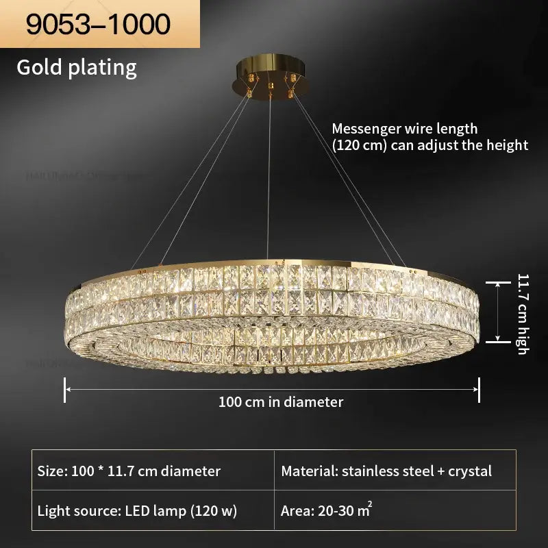 Gold-plated decorbites crystal chandelier with two tiers of faceted crystal and led lighting in stainless steel frame