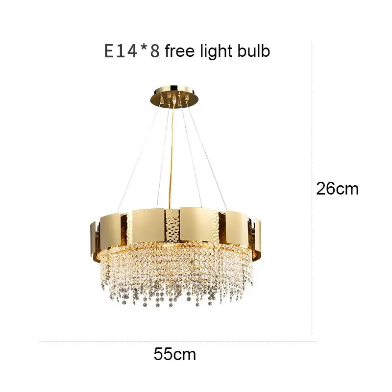 Gold-toned decorbites crystal chandelier with modern circular frame and cascading crystal droplets for luxury lighting