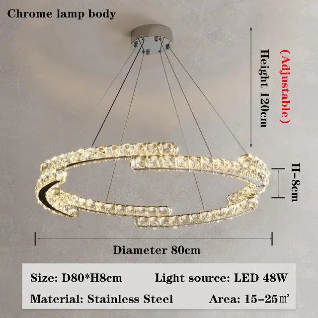 DecorBites crystal chandelier with modern double-ring design and chrome body for elegant living room lamps