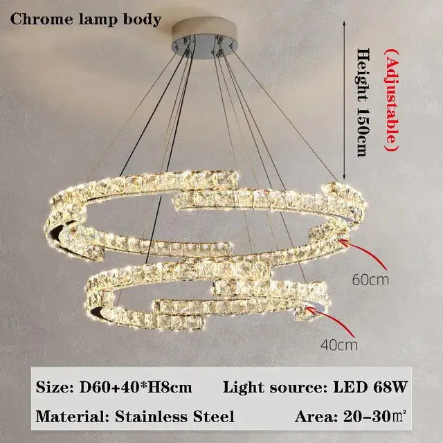 Modern double-ring crystal chandelier with chrome body featuring crystal accents ideal for living room lamps