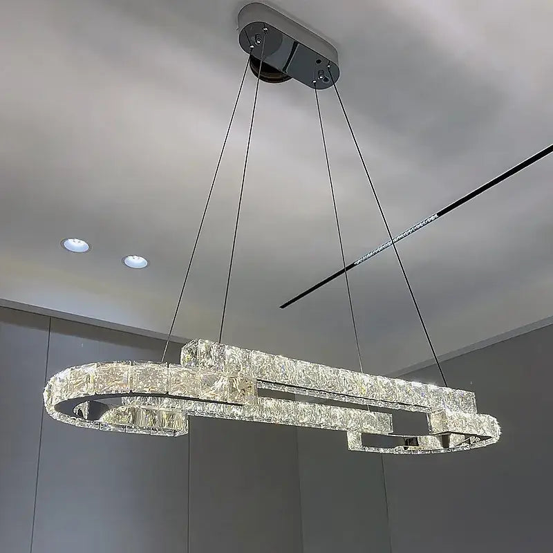 DecorBites™ crystal chandelier with sleek geometric design featuring interconnected segments for living room lamps