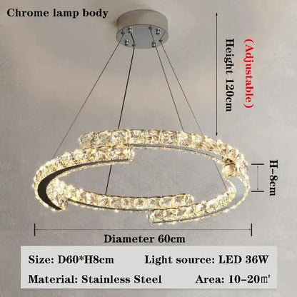 Modern chrome-finished crystal chandelier with double-ring design and crystal accents for living room lamps and dining rooms