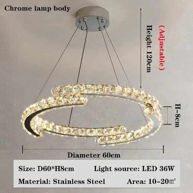 Modern chrome-finished crystal chandelier with double-ring design and crystal accents for living room lamps and dining rooms