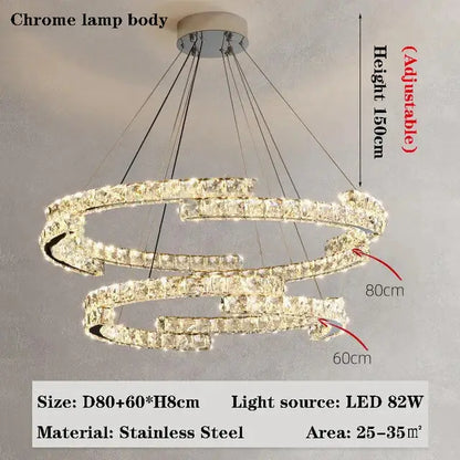 DecorBites™ adjustable chrome spiral crystal chandelier with led lighting ideal for living room lamps and dining rooms