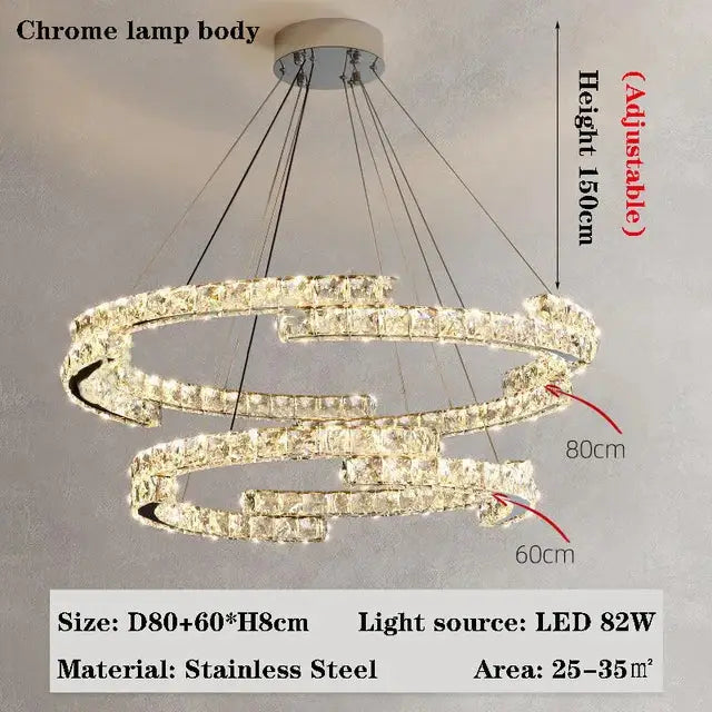 DecorBites™ adjustable chrome spiral crystal chandelier with led lighting ideal for living room lamps and dining rooms