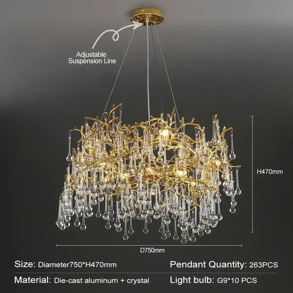 Golden branch-style decorbites crystal chandelier with clear crystal droplets and die-cast aluminum frame for modern luxury