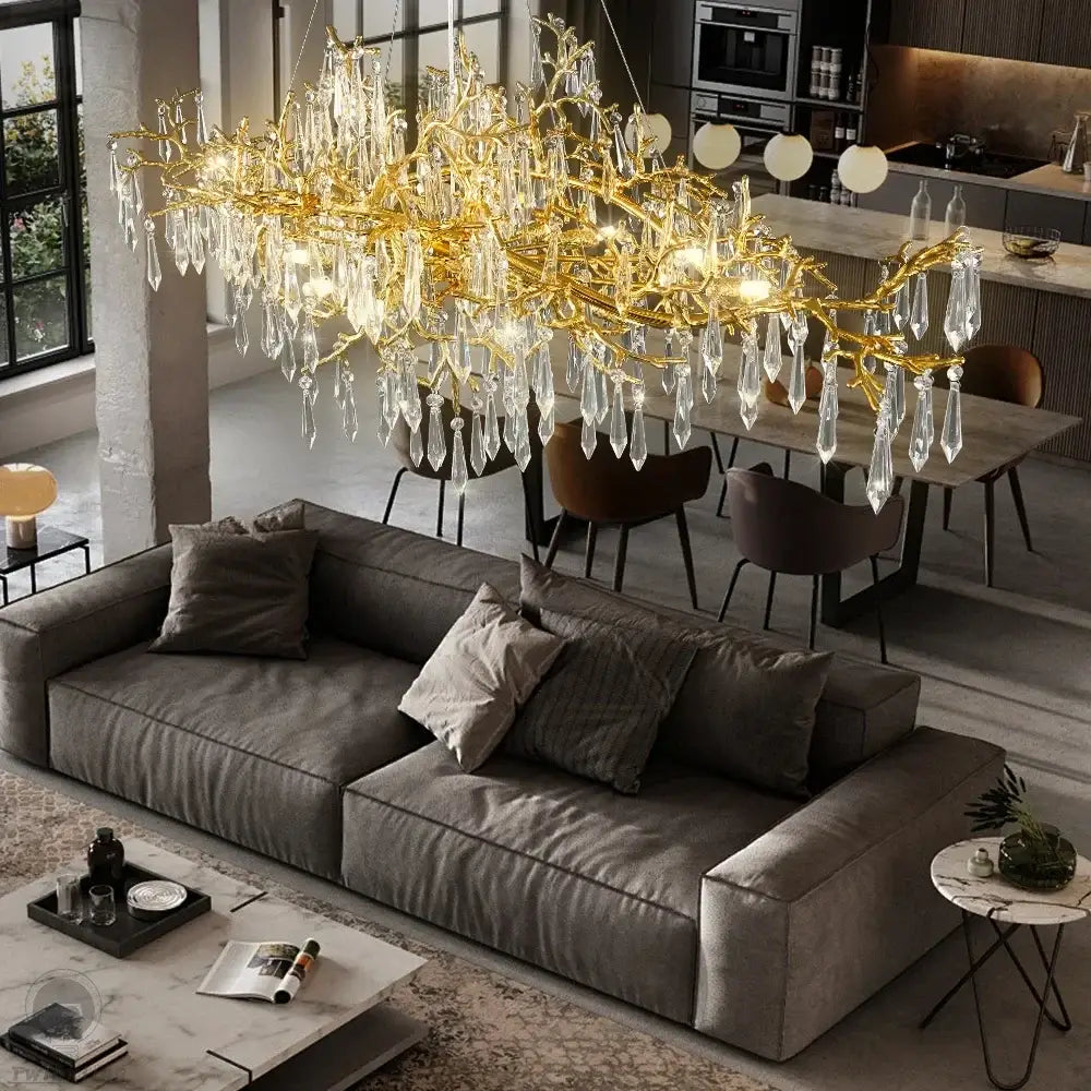 Golden branch-style crystal chandelier with dangling droplets by DecorBites crystal for modern luxury lighting