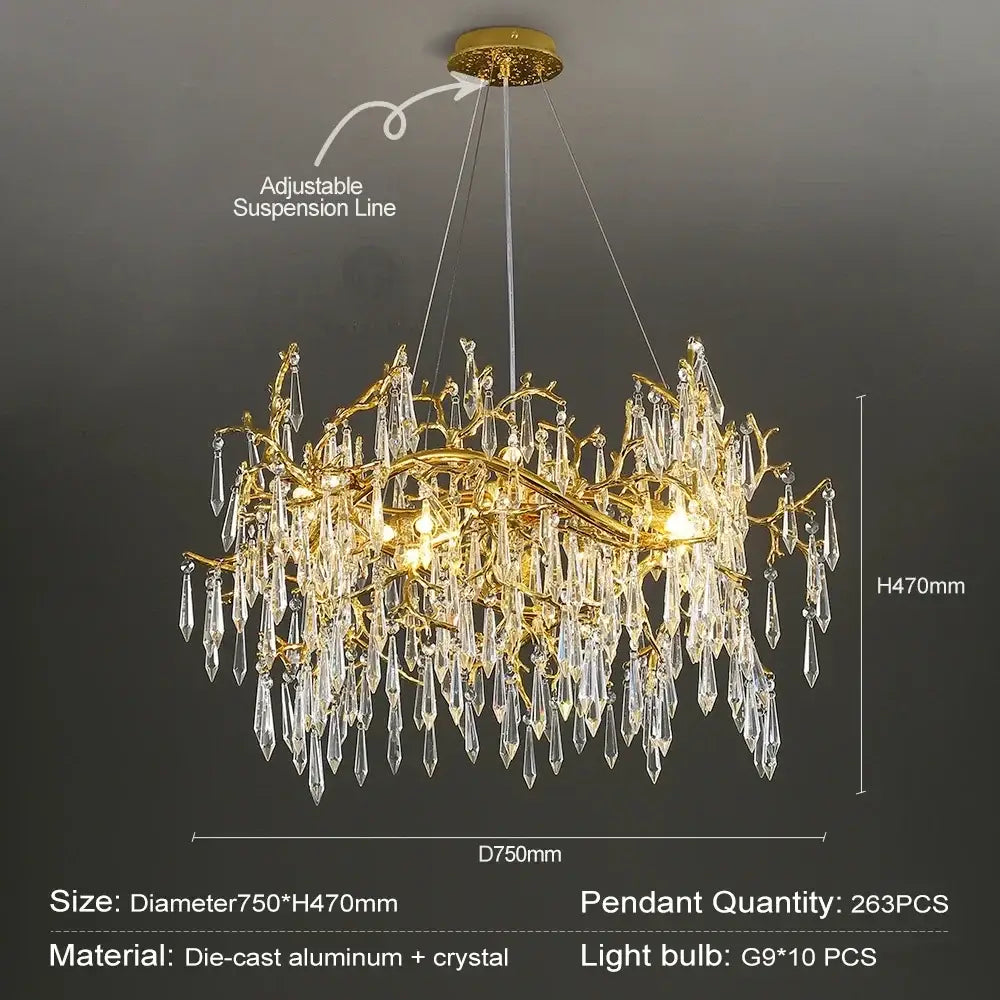 Gold-toned DecorBites crystal chandelier with intricate branching arms and dangling crystals for modern luxury lighting