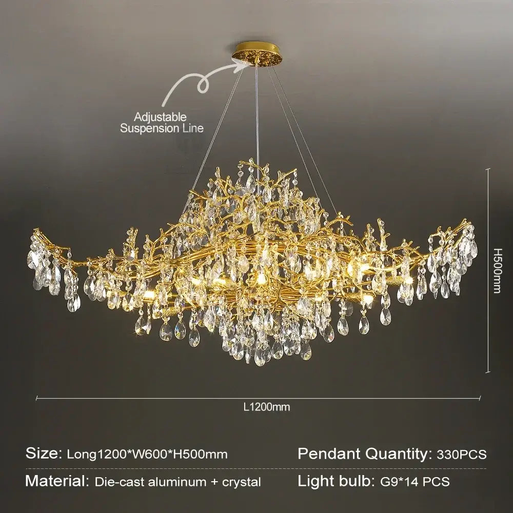 Gold-toned DecorBites crystal chandelier with intricate branching and dangling crystals for modern luxury lighting