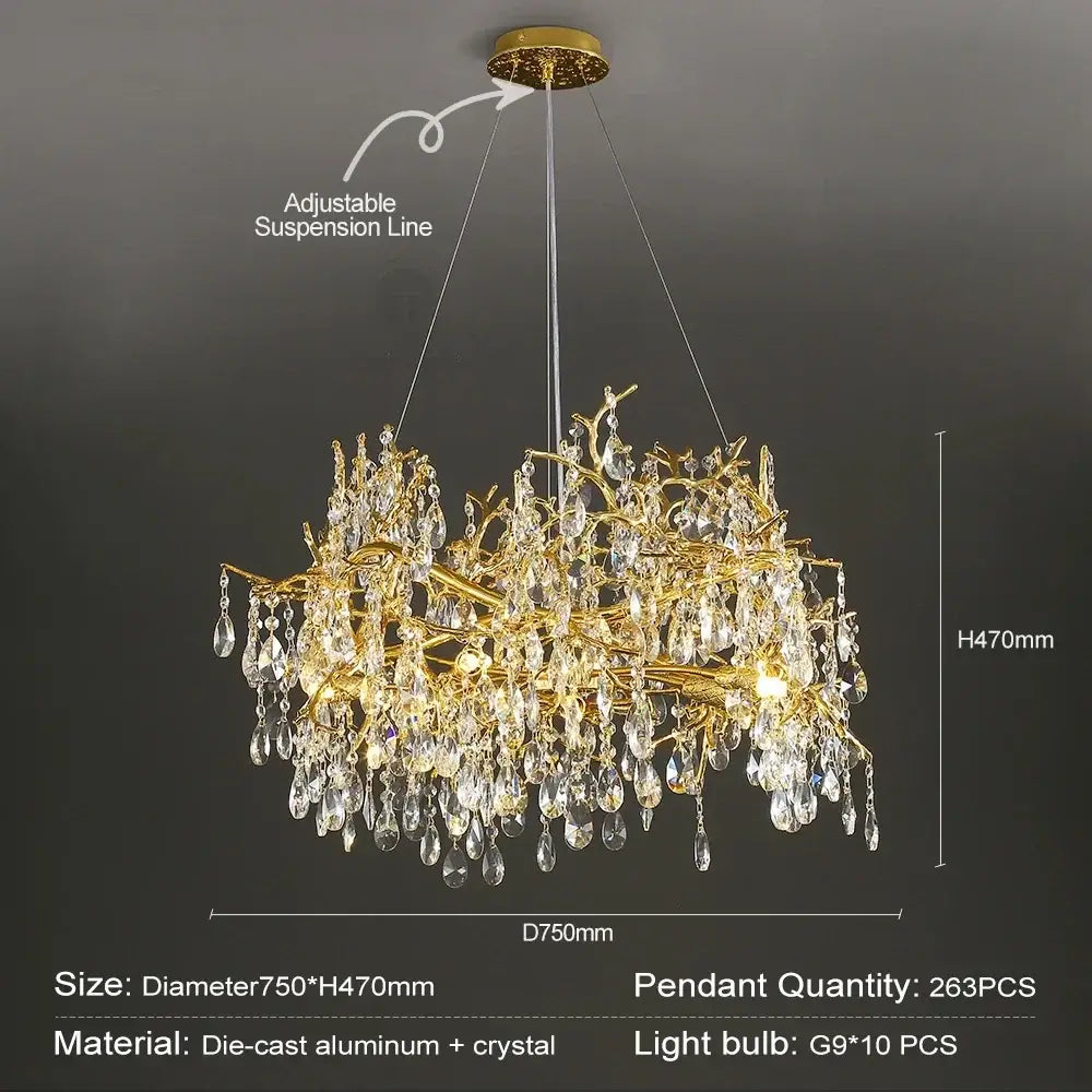 Gold-toned decorbites crystal chandelier with intricate branch-like arms and dangling crystal teardrops for modern luxury lighting
