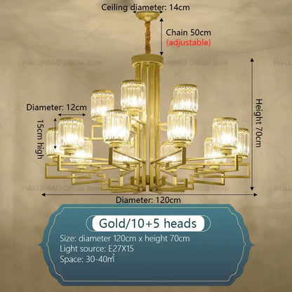 Gold-toned decorbites crystal chandelier with 15 tiered crystal glass shades for livingroom and hall lighting
