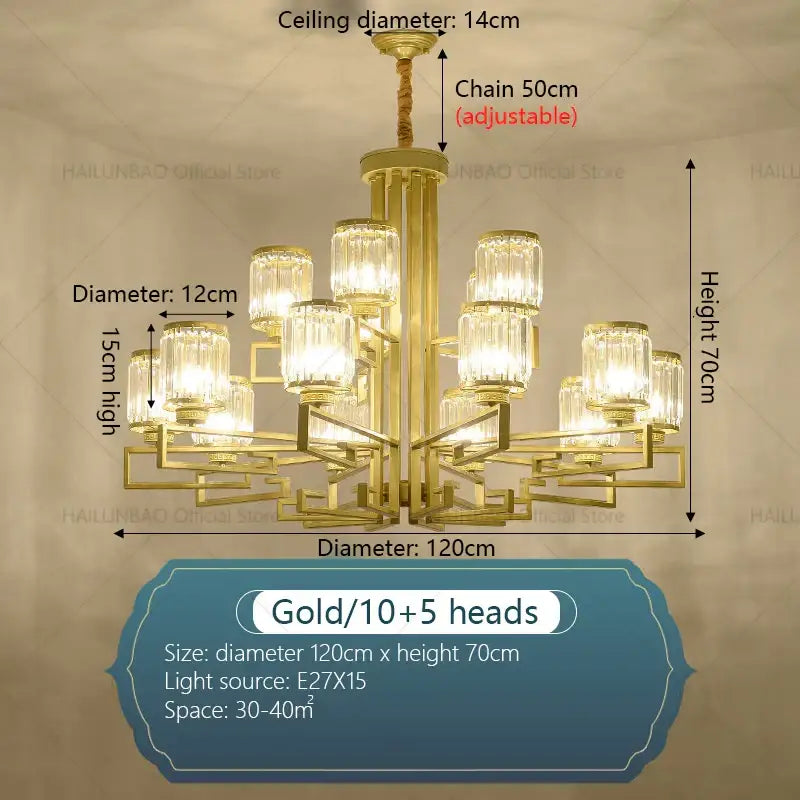 Gold-toned decorbites crystal chandelier with 15 tiered crystal glass shades for livingroom and hall lighting