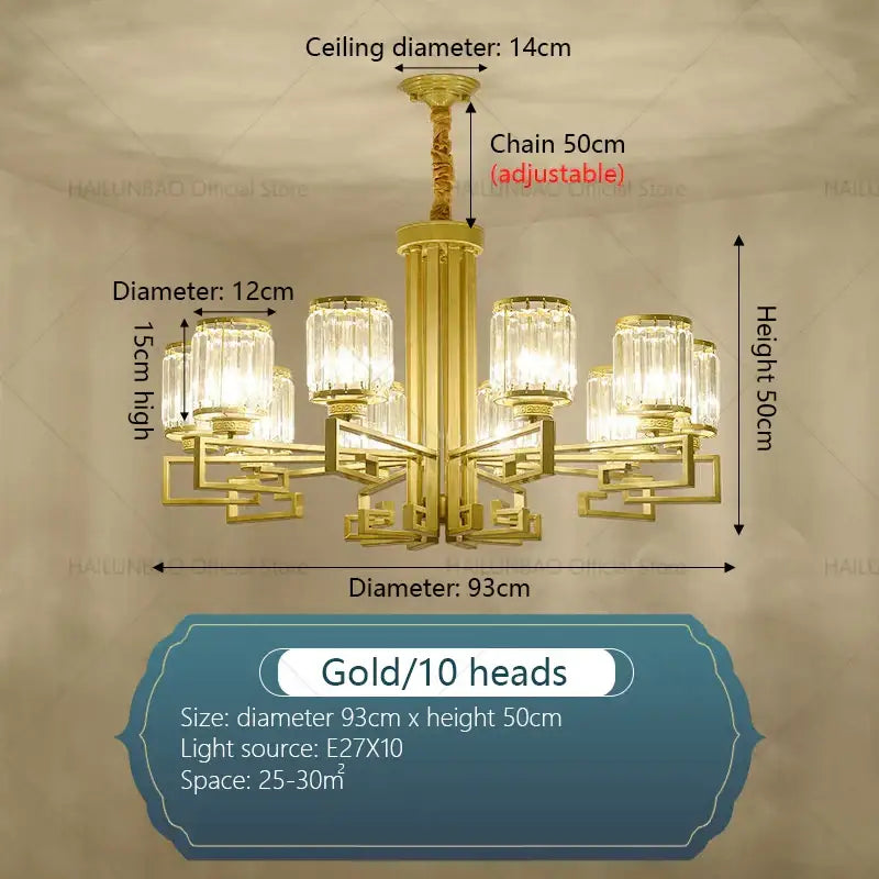 Gold-colored decorbites crystal chandelier with ten crystal-encased light heads and adjustable chain for luxury lighting