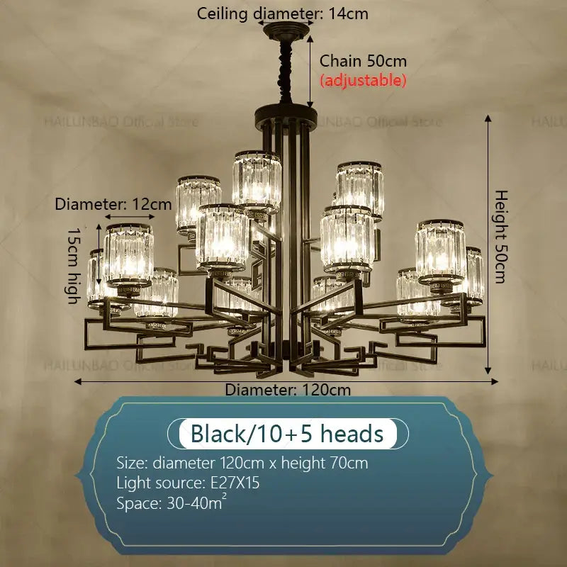 Black metal decorbites crystal chandelier with 15 crystal glass shades for modern luxury livingroom and hall lighting