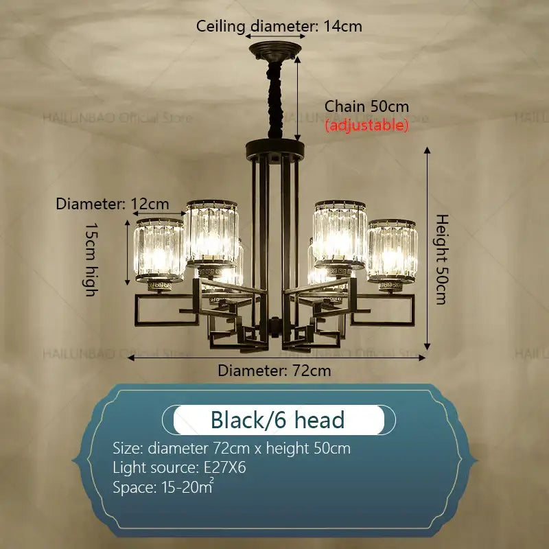 Black metal decorbites crystal chandelier with six crystal glass shades for modern luxury livingroom and restaurant lighting