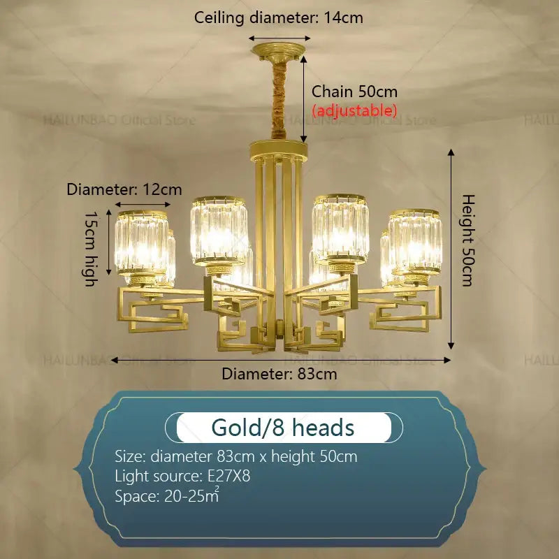 Gold-colored decorbites crystal chandelier with eight crystal glass shades and adjustable chain for modern luxury lighting