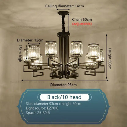 Black metal decorbites crystal chandelier with ten crystal glass shades for living room hall and restaurant lighting