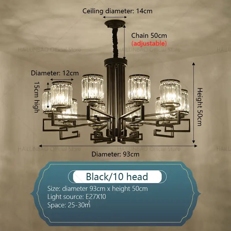Black metal decorbites crystal chandelier with ten crystal glass shades for living room hall and restaurant lighting
