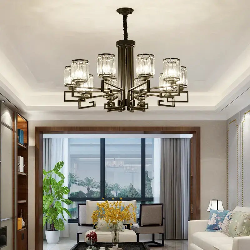 A modern decorbites crystal chandelier with dark bronze finish and clear glass shades for livingroom and restaurant