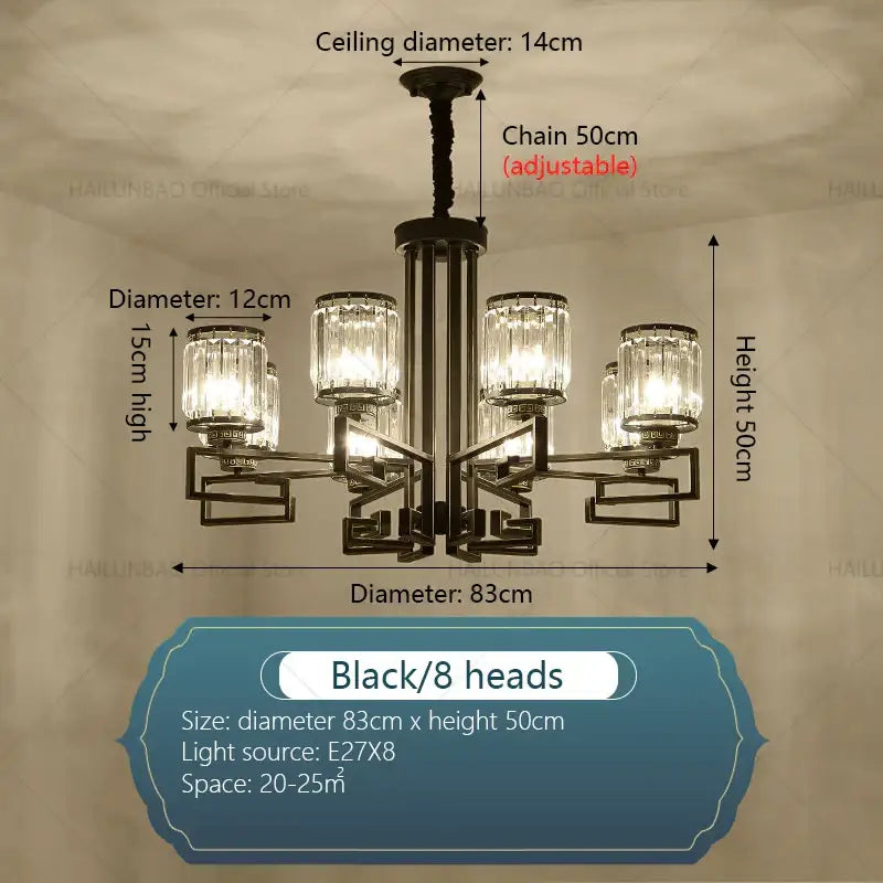 Black wrought iron DecorBites crystal chandelier with eight crystal glass shades for modern luxury lighting