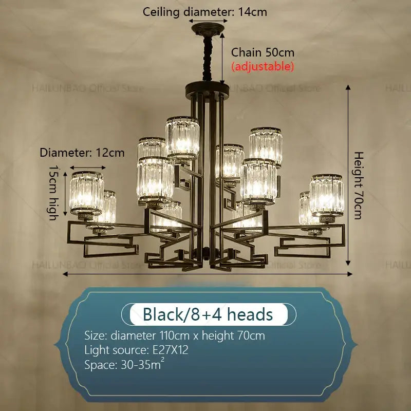 Black metal decorbites crystal chandelier with eight and four glass light fixtures for livingroom and hall lighting