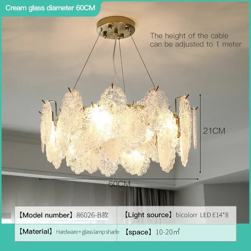 Elegant cream glass decorbites crystal chandelier with lace-like patterns and gold hardware for modern living rooms