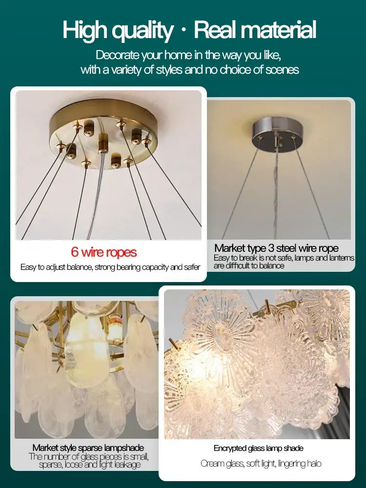 A delicate cream-colored decorbites crystal chandelier with intricate lace-like patterns and a soft glowing halo