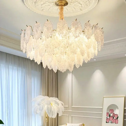 Elegant white lace crystal chandelier with petal-like shades and gold fixture for modern luxury by DecorBites Crystal Chandelier