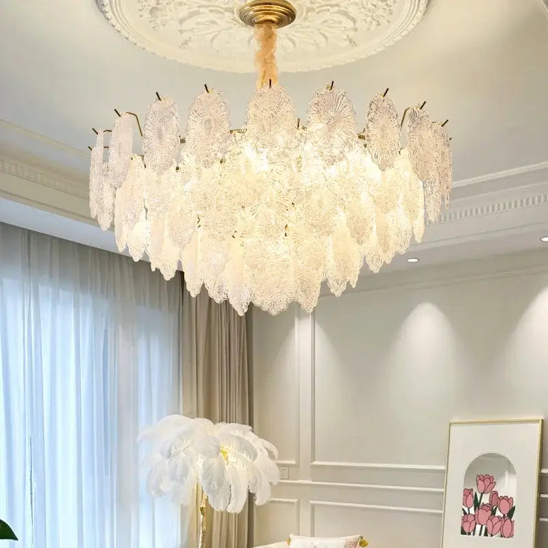 Elegant white lace crystal chandelier with petal-like shades and gold fixture for modern luxury by DecorBites Crystal Chandelier