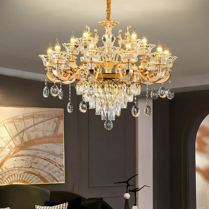 Gold-toned decorbites crystal chandelier pendant with intricate ornate detailing and faceted glass droplets for luxury décor