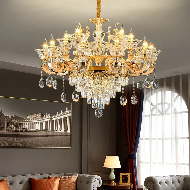 Gold-toned decorbites crystal chandelier pendant with intricate detailing and teardrop crystals for European décor