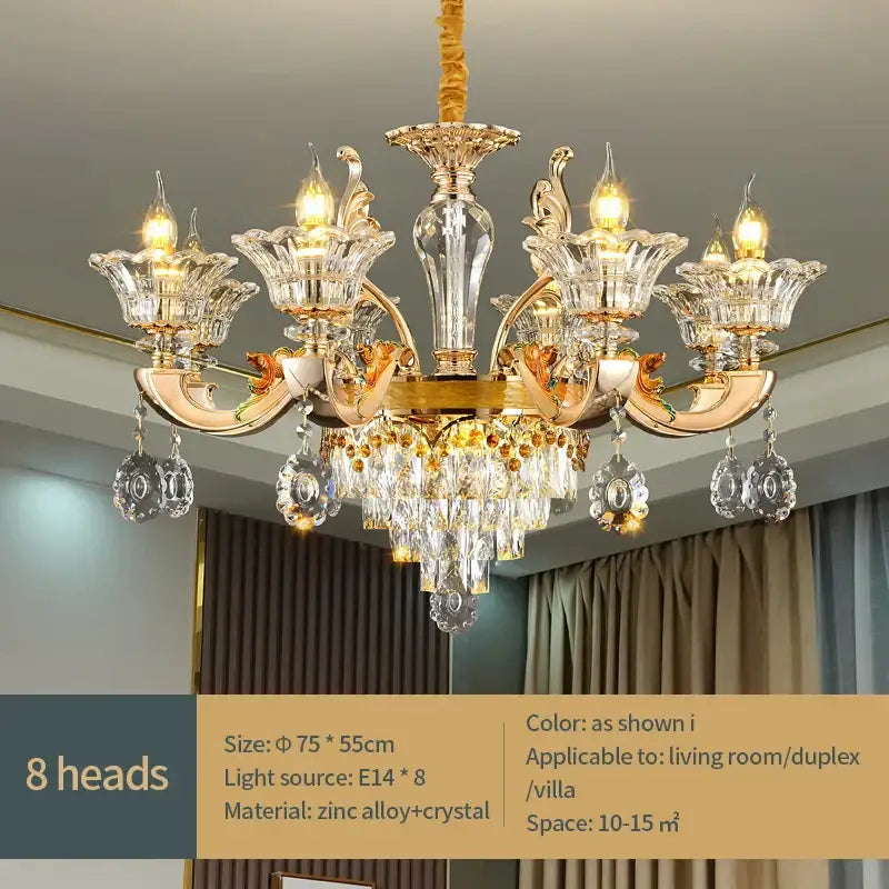 Gold-toned decorbites crystal chandelier pendant with eight crystal arms, zinc alloy and crystal for villa duplex and hotel lobby