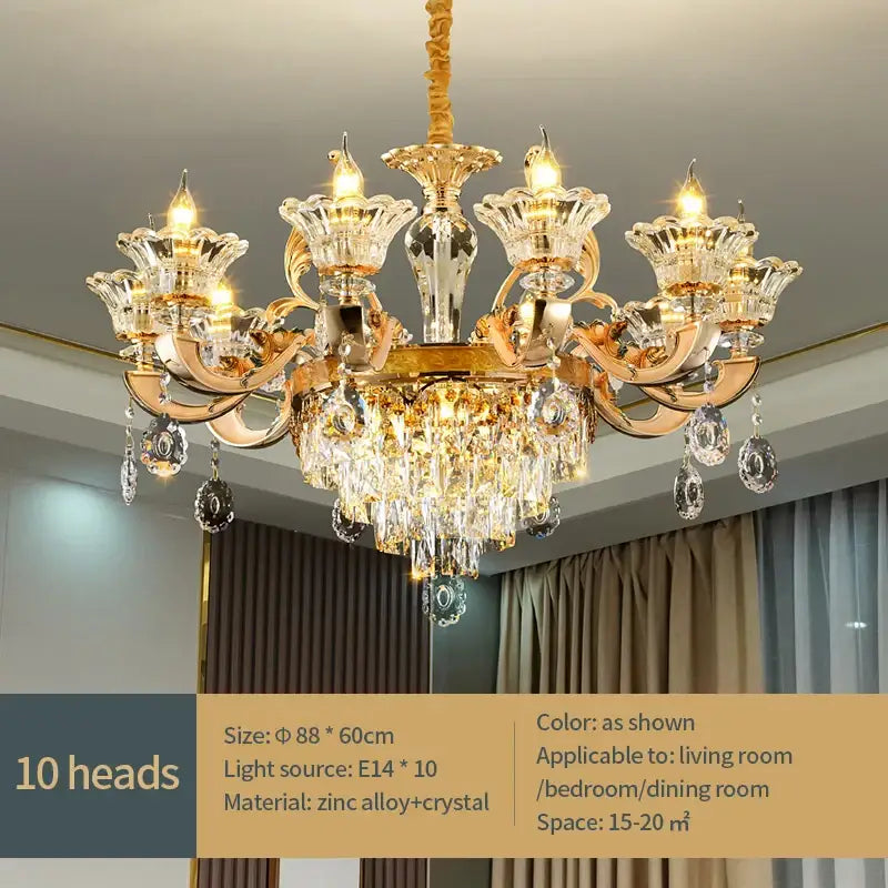 Gold-toned decorbites crystal chandelier pendant with multiple clear crystal arms made of zinc alloy for villa duplex and hotel lobby