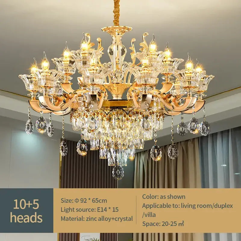Gold-toned decorbites crystal chandelier pendant with intricate crystal accents and multiple light heads for luxury décor