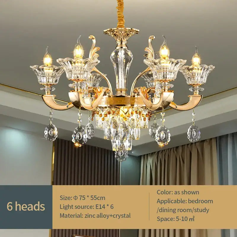 Gold-toned decorbites crystal chandelier pendant with six crystal-encrusted arms and faceted crystals for elegant décor