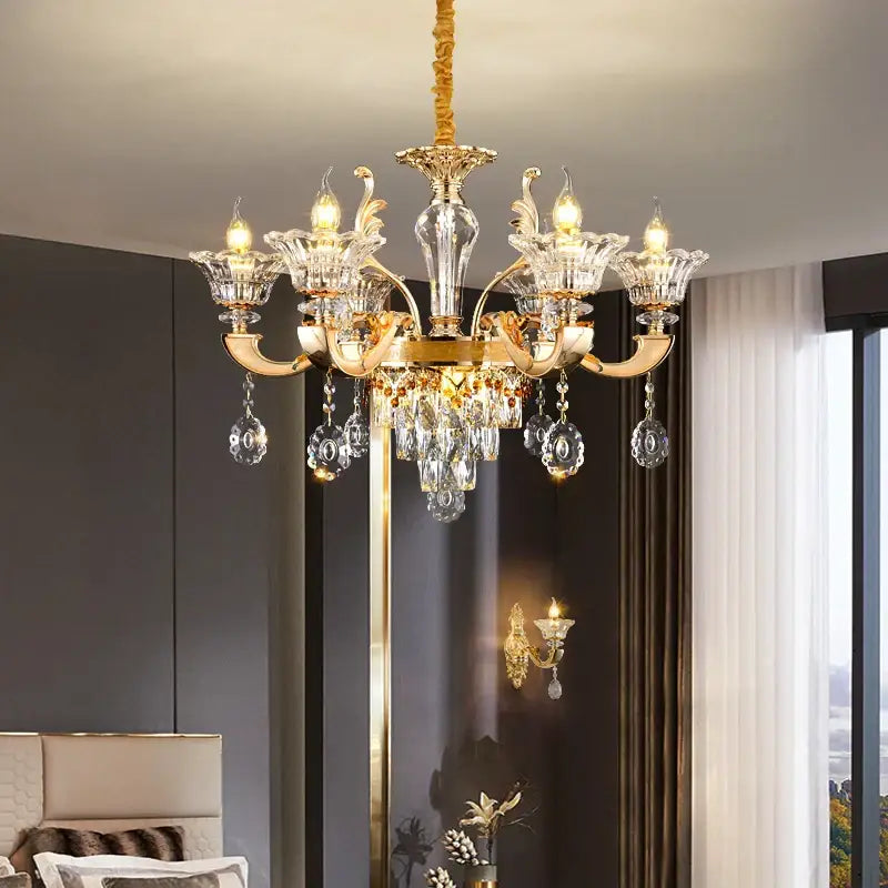 Elegant gold-toned DecorBites crystal chandelier pendant with clear crystal droplets and ornate glass arms for European décor