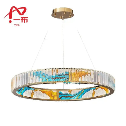 Modern decorbites crystal chandelier pendant lamp with gold ceiling mount blue amber glass panels in abstract wave design