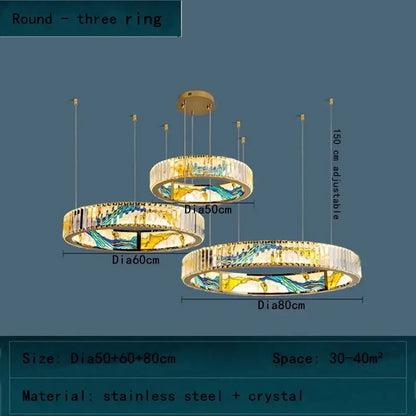 Three-tiered decorbites crystal chandelier pendant lamp with gold-finished stainless steel and colorful crystal rings