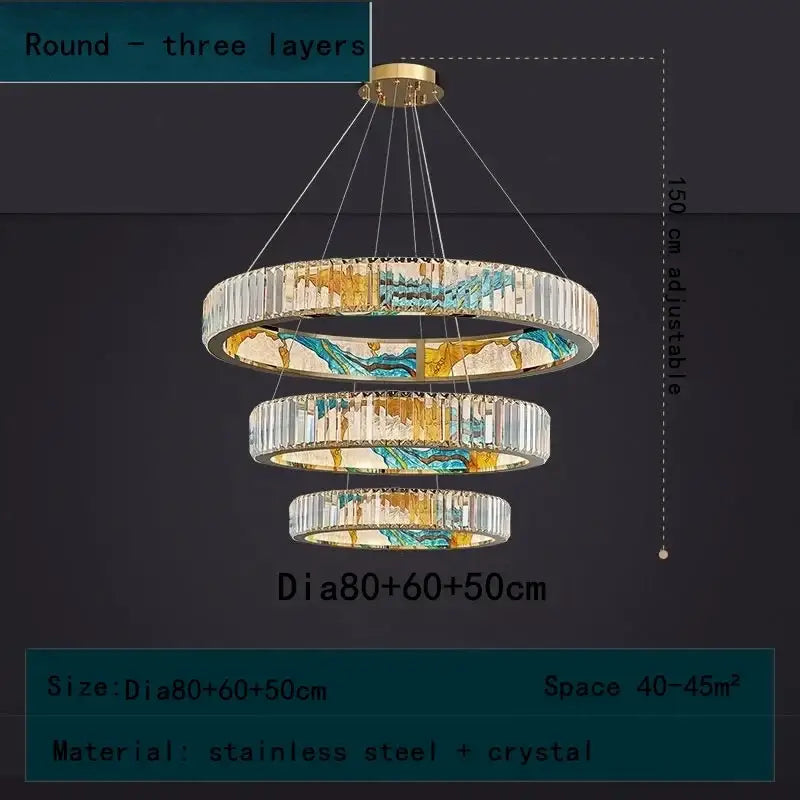 DecorBites crystal chandelier pendant lamp with gold stainless steel frame and swirling blue yellow marble design