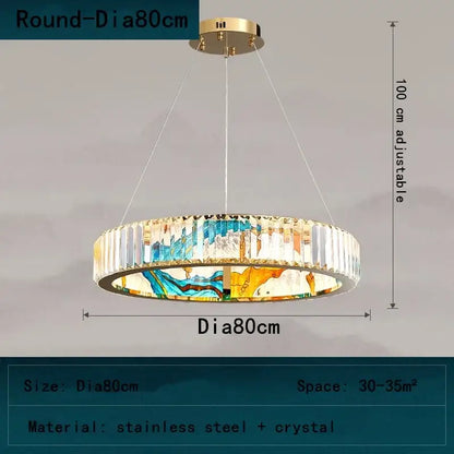 DecorBites crystal chandelier pendant lamp with gold stainless steel frame and blue yellow orange stained-glass design