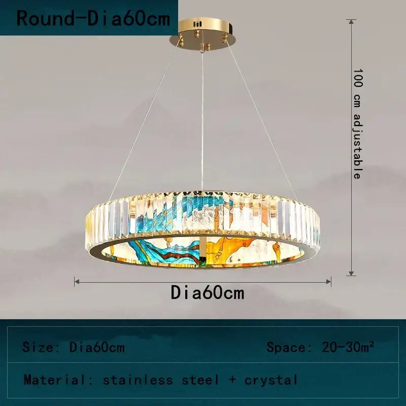 A decorbites crystal chandelier pendant lamp with gold stainless steel frame, crystal rods, and stained glass ring