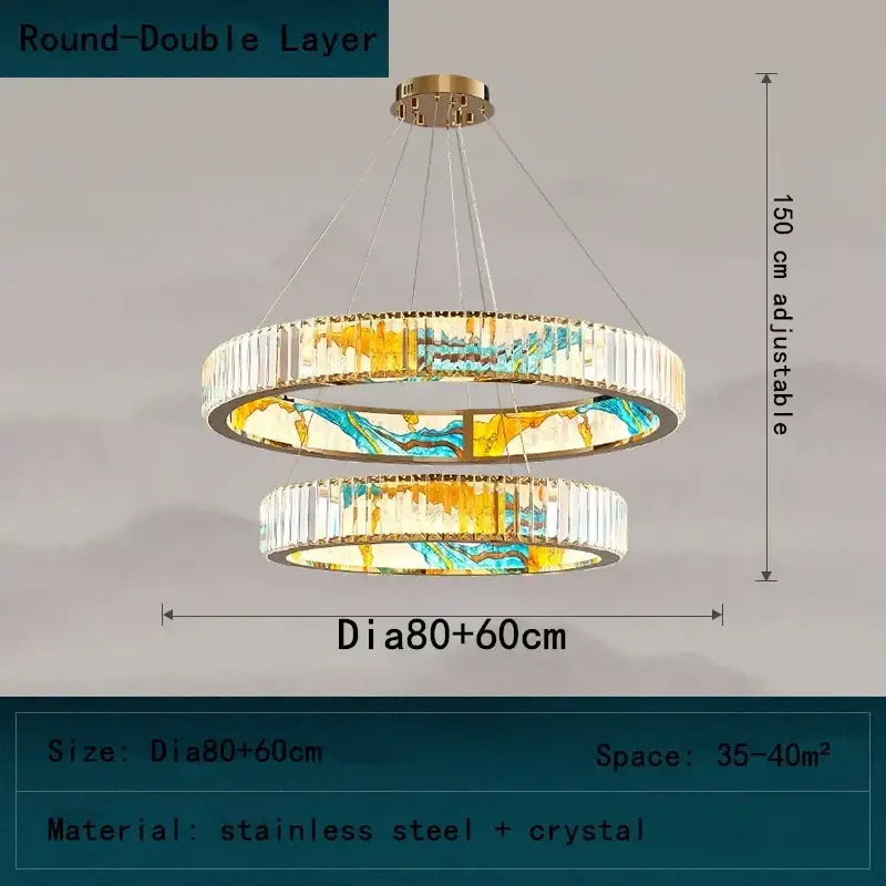 DecorBites crystal chandelier pendant lamp with gold stainless steel frame and blue yellow white marbled crystals