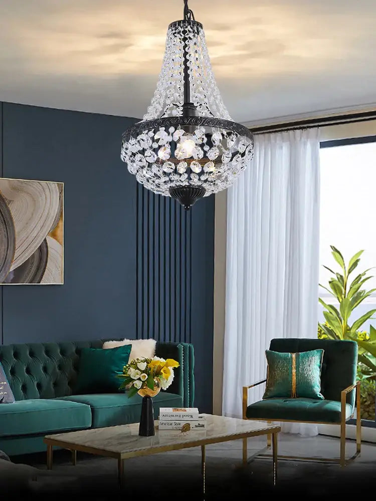 Decorbites crystal chandelier pendant lamp with a black metal frame and clear crystals for dining and living rooms