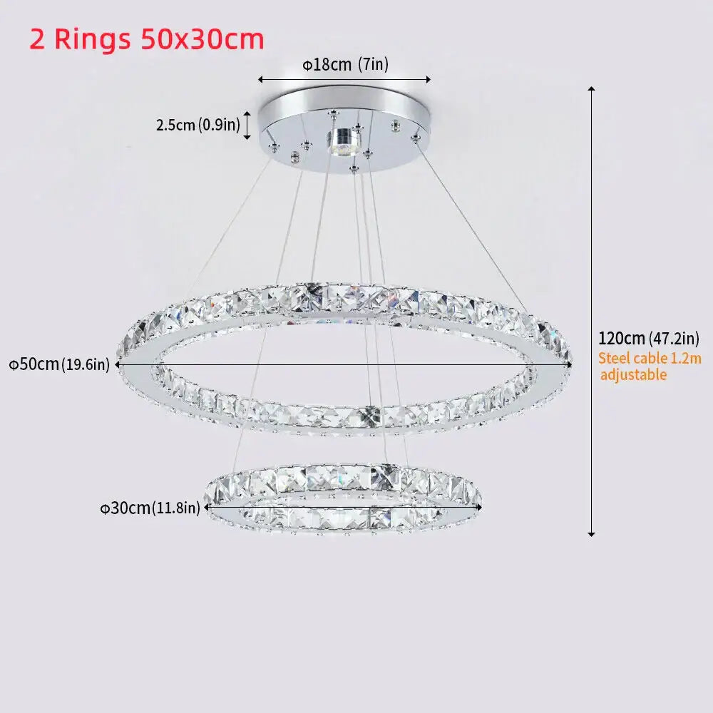 Modern decorbites crystal chandelier pendant lamp with chrome metal rings and clear crystal accents for dining room and bedroom