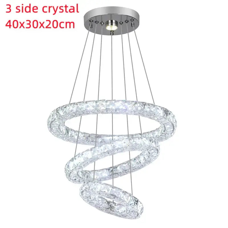 A modern decorbites crystal chandelier pendant lamp with three clear crystal rings and silver ceiling mount for dining room and bedroom