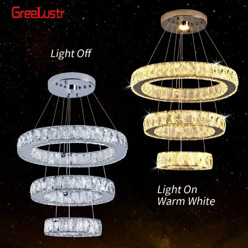 Decorbites crystal chandelier three-tiered pendant lamp with clear and warm white LED for dining room and bedroom