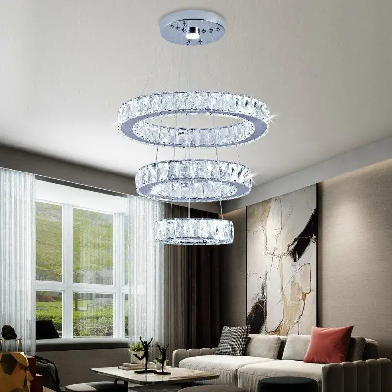 DecorBites crystal chandelier pendant lamp with sleek chrome finish and cascading clear faceted crystals for dining room