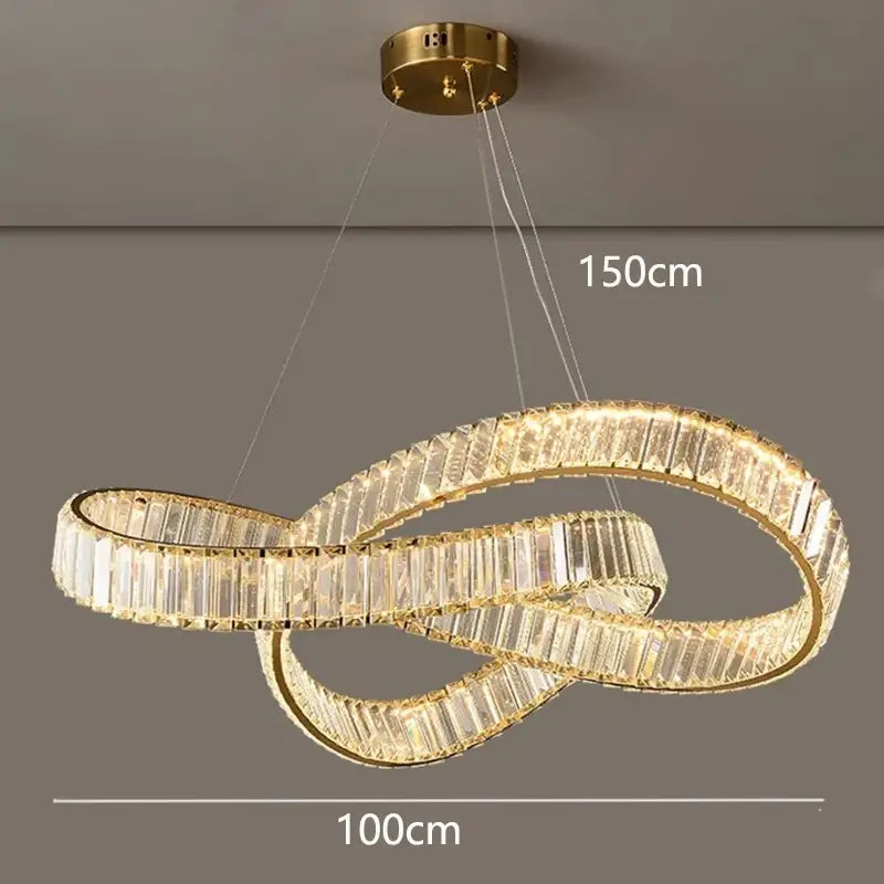 Gold-toned DecorBites crystal chandelier pendant lamp with clear crystal rectangular prisms for modern home lighting