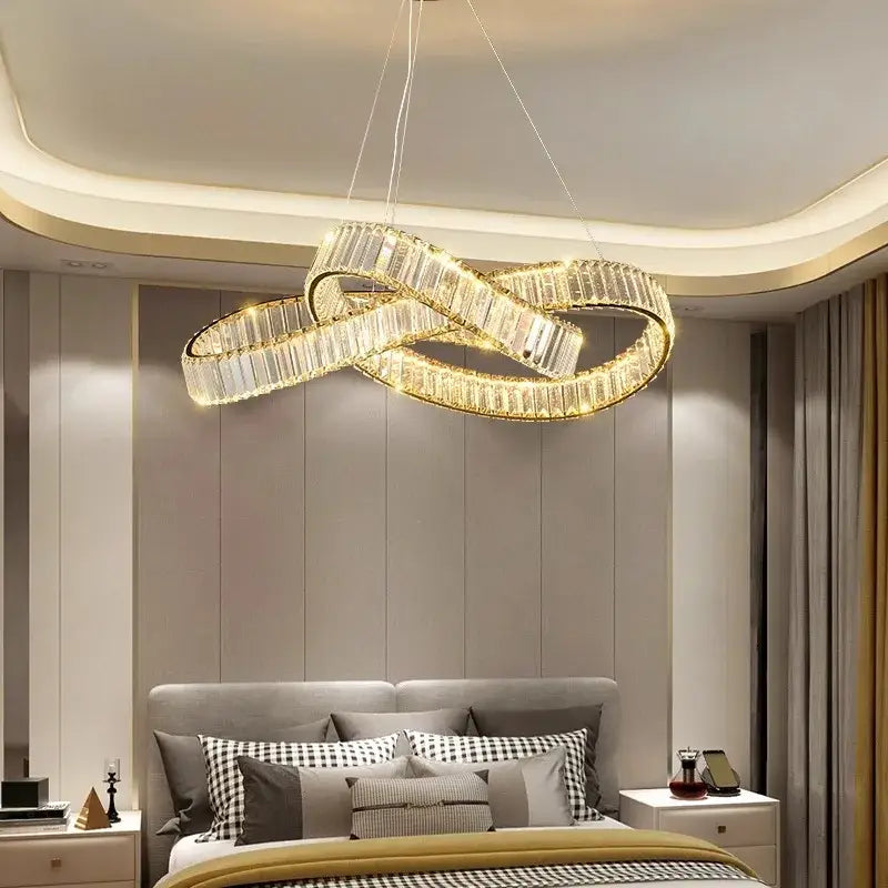 DecorBites crystal chandelier pendant lamp with clear crystal segments and warm led lighting for modern home