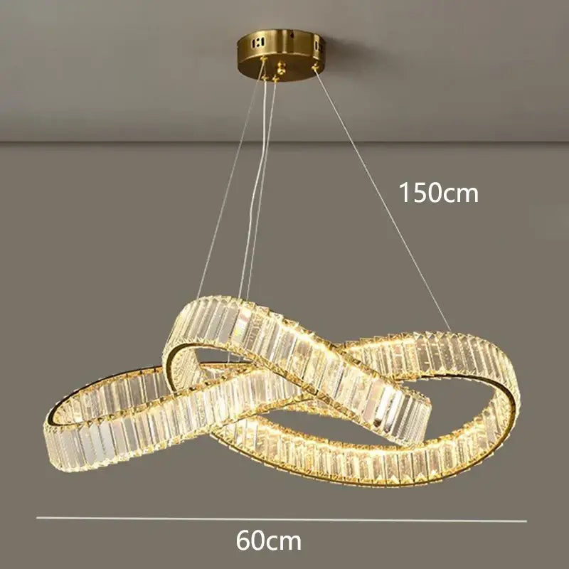 Gold-toned decorbites crystal chandelier pendant lamp with interlocking rings and faceted crystals for modern living room lighting